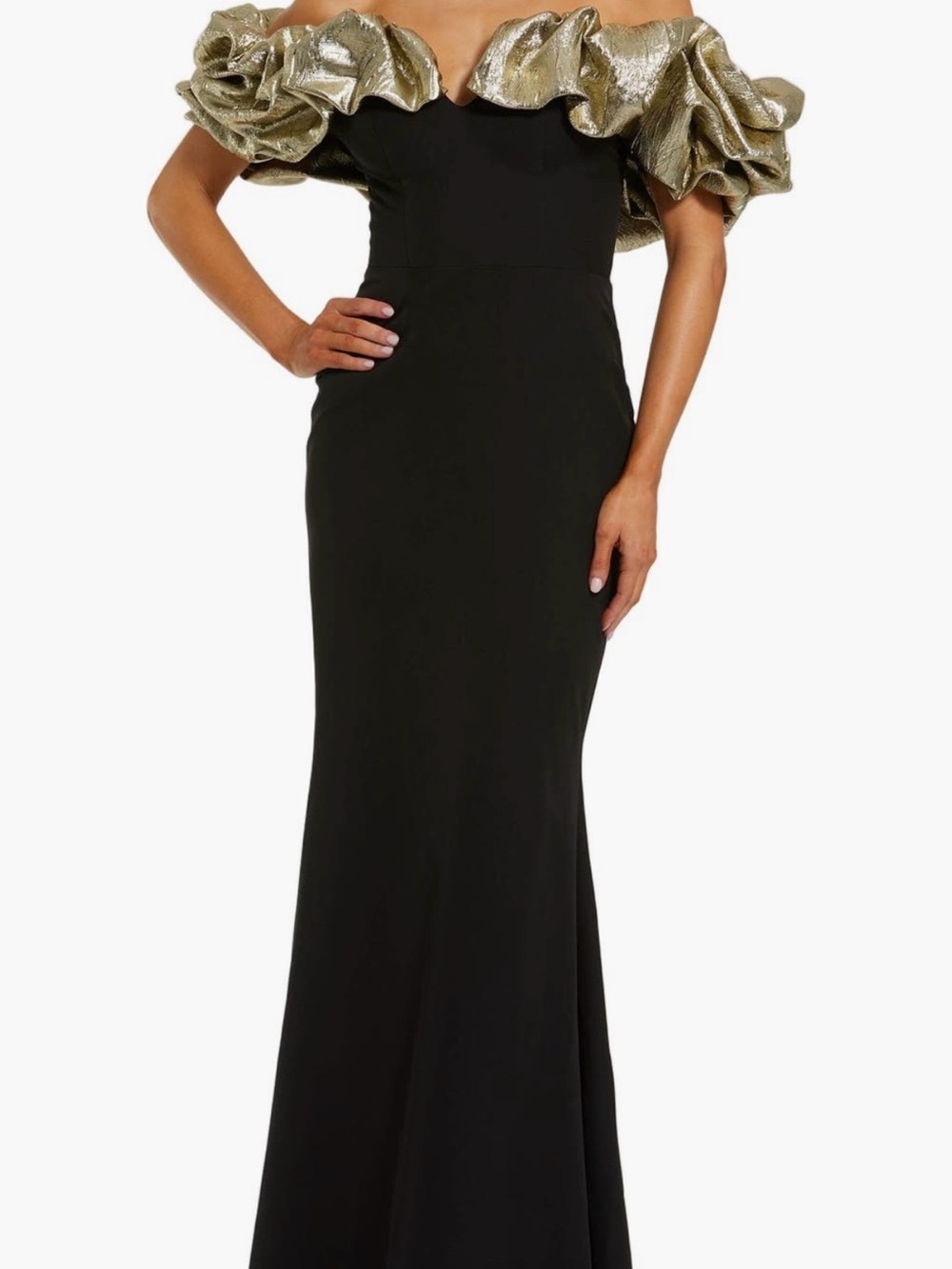 Mac Duggal Black Gown with Gold Ruffle Off-Shoulder